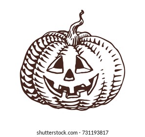 Hand drawn pumpkin
illustration in engraving style. Halloween emotion variation design. Spooky funny face. Vector vintage element isolated on white background.