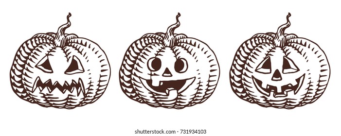 Hand drawn pumpkin
illustration in engraving style. Halloween emotion variation design. Spooky, horror, cute and funny faces. Vector vintage element isolated on white background.