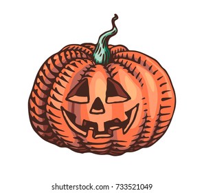 Hand drawn pumpkin
illustration in engraving style. Halloween emotion variation design. Spooky funny face. Vector colored vintage element isolated on white background.
