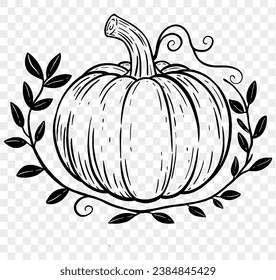 Hand drawn pumpkin with leaves and vine in  brush style isolated on transparent PNG background for Thanksgiving 