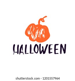 Hand drawn pumpkin with lettering Halloween on white background. Can be used for poster, banner, flyer, invitation and web design. Vector illustration.