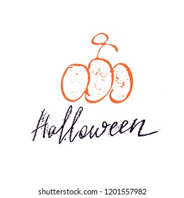 Hand drawn pumpkin with lettering Halloween on white background. Can be used for poster, banner, flyer, invitation and web design. Vector illustration.