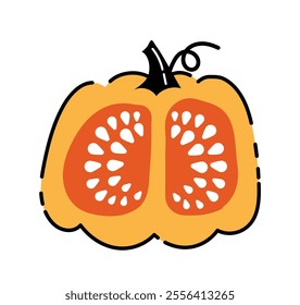 Hand drawn pumpkin. Orange pumpkin sketch. Autumn and fall season vegetable. Harvest and crop. Slice of vegetable. Poster or banner. Flat vector illustration isolated on white background