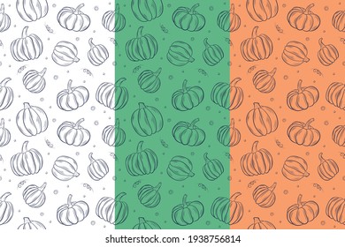 Hand Drawn Pumpkin Pattern. Seamless texture of Vegetables on a White, Green, and Red background.