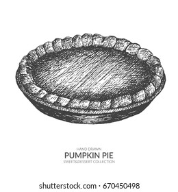 Hand drawn pumpkin pie with ink and pen. Vintage black and white illustration. Sweet and dessert vector element.