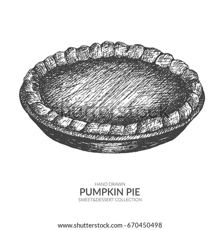 Hand drawn pumpkin pie with ink and pen. Vintage black and white illustration. Sweet and dessert vector element.