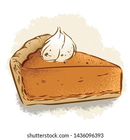 Hand drawn pumpkin pie piece with whipped cream , detailed vector illustration with speckled texture. 