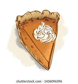 Hand drawn pumpkin pie piece with whipped cream , detailed vector illustration with speckled texture. 