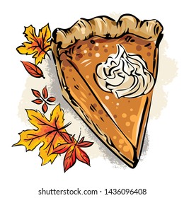 Hand drawn pumpkin pie piece, detailed vector illustration with whipped cream and autumn leaves