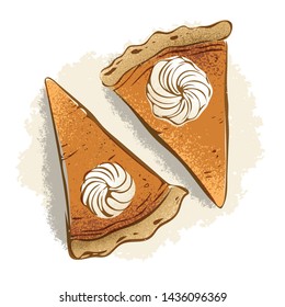 Hand drawn pumpkin pie pieces with whipped cream, top view, detailed vector illustration with speckled texture. 