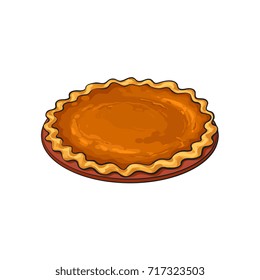 Hand drawn pumpkin pie, traditional thanksgiving food, sketch style vector illustration isolated on white background. Sketch style, hand drawn pumpkin pie, traditional Thanksgiving Day symbol