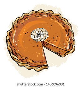 Hand drawn pumpkin pie with whipped cream and autumn leaves. Detailed vector illustration