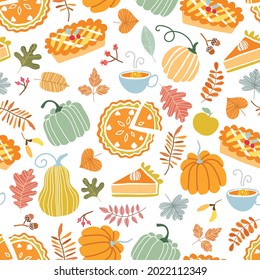 Hand drawn pumpkin pies and pumpkins seamless pattern. Vector thanksgiving background