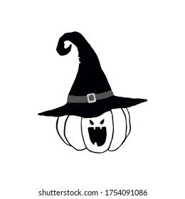 Hand drawn pumpkin with scared face and witch hat on white background. Halloween design element.