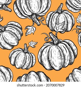 Hand Drawn Pumpkin Seamless Pattern on Orange Background. 