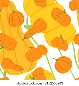 Hand drawn pumpkin seamless pattern. Cute autumn texture for thanksgiving, harvest and halloween. Floral background. Simple design for fabric, textile print, wrapping, cover. Vector illustration