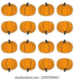 Hand drawn pumpkin seamless pattern. Modern linear style with colorful spots. Minimalist fall holiday background vector illustration. Ideal for fabric, textile, prints, wrapping paper.