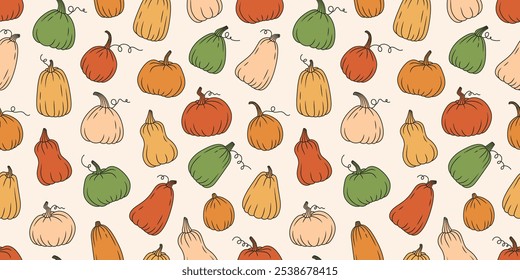 Handgezeichneter Kürbis nahtloses Muster. Illustration der Herbstsaison. Farbige Kürbisse für die Erntezeit