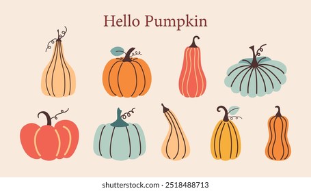 Conjunto de calabaza dibujado a mano. Otoño, otoño, día de Acción de Gracias y decoración del festival de la cosecha en diseño plano. Linda colección de Vector.