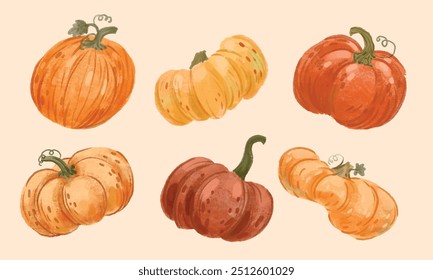 Conjunto de calabaza dibujado a mano. Ilustraciones para otoño, Halloween y vacaciones.