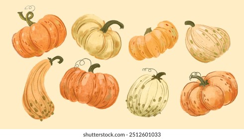 Hand drawn pumpkin set. Illustrations for autumn, Halloween and holidays.