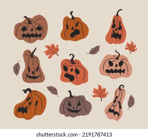Calabaza dibujada a mano con caras de miedo para Halloween