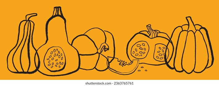 Hand drawn pumpkin silhouette on orange  background. Vector EPS 10 vector 