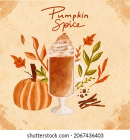 Hand drawn pumpkin spice watercolor Illustration