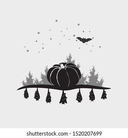Hand drawn pumpkin with trees, bet and stars, autumn halloween background vector