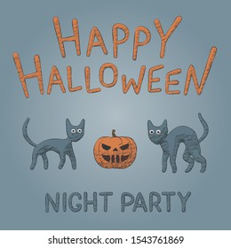 Hand drawn pumpkin vector illustration for Halloween party with black cats. Freehand element for happy Halloween creepy holiday design. Isolated hatching art for scary night party, fun autumn banner.