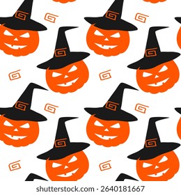 Hand drawn Pumpkin in witch hat and decorative element Seamless Pattern Halloween Festive Background
