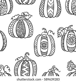 Hand drawn pumpkins for anti stress colouring page. Seamless pattern for coloring book. Illustration in zentangle style. Black and white background.