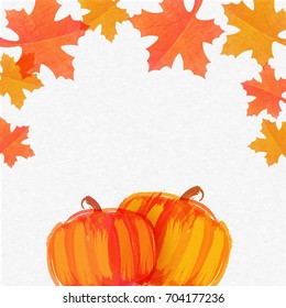 Hand drawn pumpkins with autumn leaves in yellow and orange colors. Happy Thanksgiving Day celebration background.