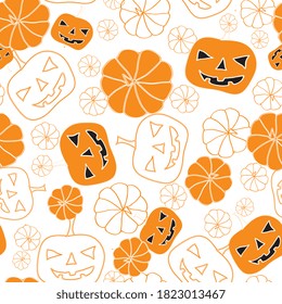Hand drawn pumpkins. Funny pumpkins. Decorating for the holidays, autumn decor, children's drawing, Vector illustration.Elegant trendy white and orange combination. Seamless vector pattern.