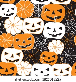 Handgezeichnete Kürbisse. Sonnige Kürbisse. Dekoriert für die Feiertage, Herbstdekor, Kinderzeichnung, Vektorgrafik.Elegante, trendige Kombination aus Weiß und Orange. Nahtloses Vektormuster. Schwarzer Hintergrund