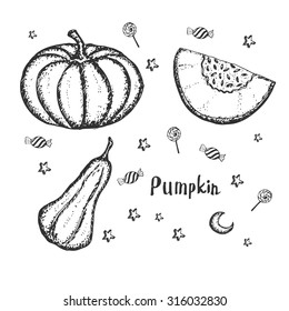 Hand drawn pumpkins. Funny pumpkins. Decorating for the holidays, autumn decor, children's drawing, Vector illustration. Background with stars, candies and moon. Halloween party. Halloween pumpkin.