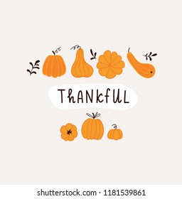 Hand drawn pumpkins and leaves. Cute card design for Halloween or Thankful day. Vector thanksgiving illustration.