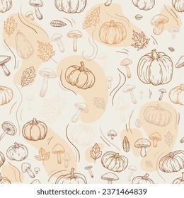 Hand drawn pumpkins, leaves, mushroom, acorn, chestnut. Autumn line sketch foliage seamless pattern vibrant and textured decoration. Perfect for textiles, wallpapers, and more. Not AI generated.