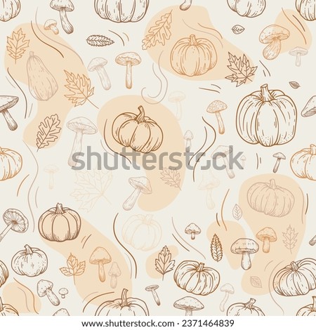Hand drawn pumpkins, leaves, mushroom, acorn, chestnut. Autumn line sketch foliage seamless pattern vibrant and textured decoration. Perfect for textiles, wallpapers, and more. Not AI generated.