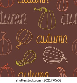 Hand drawn pumpkins with lettering vector seamless pattern. Vector illustraation can be used for fabrics, wallpaper, web, invitation, card.
