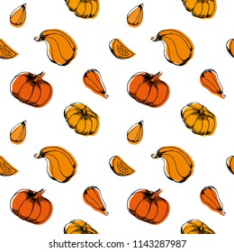 Hand drawn pumpkins pattern.Different kinds of pumpkins.Autumn pattern background. Vector illustration.