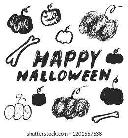 Hand drawn pumpkins set with lettering Halloween on white background. Different styles. Vector illustrations.