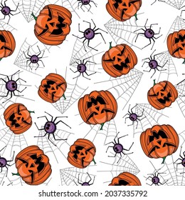 Hand drawn pumpkins and spiders on a white background.