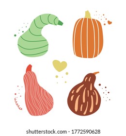 Hand drawn pumpkins, sweet and cute. Halloween, harvest, autumn concept. Flat vector illustration.