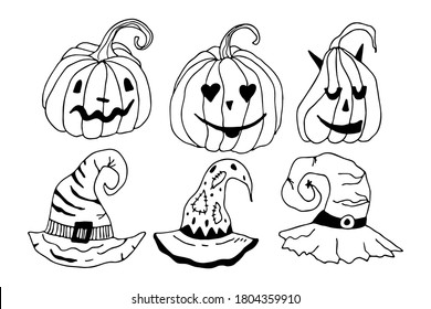Hand drawn pumpkins witch magic hat set in doodle style. Halloween vector illustration for card design and fall decoration. Jack lantern and wizard hat line art.