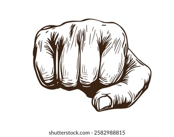 Hand drawn Hand Punching Forward. Punching Fist. Fist Punch. Clenched Fist. Fist Bump Hand Sign. Hand Gesture Sketch Illustration Engraving Woodcut Vintage Style Vector Line Art