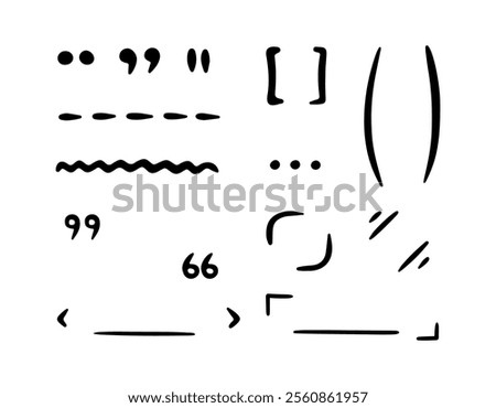 Hand drawn punctuation mark set. Doodle signs, marks, comma, dots, brackets. Brush grunge style underline elements, rough punctuation symbols for bullet journal