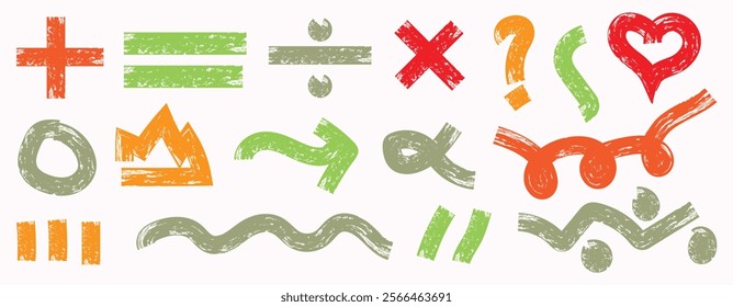 Hand drawn punctuation signs, cross and question marks. Colorful bold brush drawn various geometric shapes. Grunge style graffiti shapes.	