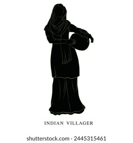 Hand drawn Punjabi woman, Water pot carrying young lady, A vector silhouette of Indian villager, 