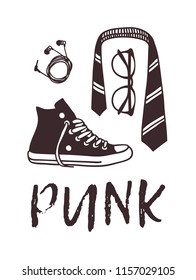 Hand drawn Punk illustration. Creative ink art work. Actual vector Music Drawing. Set of sneakers, tie, glasses and headphones